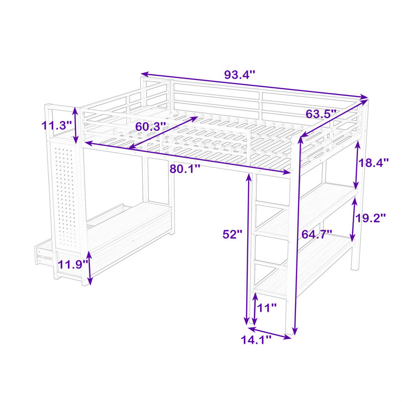 Lit mezzanine en métal avec tiroirs de rangement, armoire ouverte et tablette, Grand lit