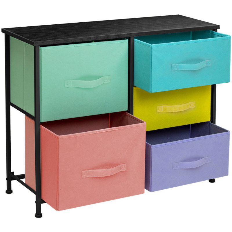 Sorbus 5 Drawers Dresser with Steel Frame and Wood Top in Pastel and Black Frame