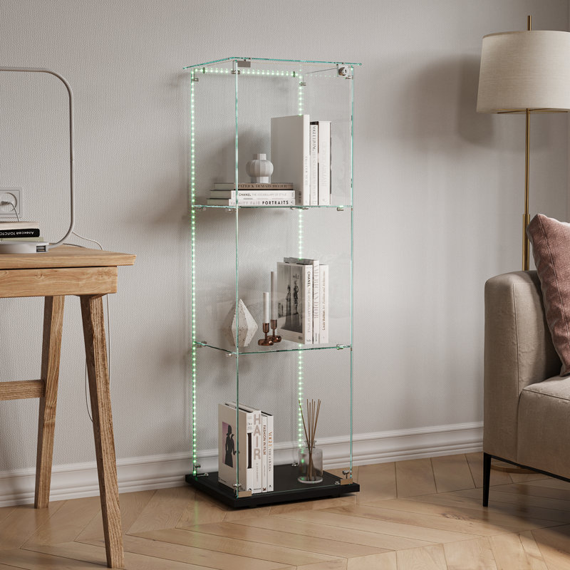 Marialyce Glass Display Cabinet with LED Lighting and Lockable Door, Showcase Cabinet for Collectibles, Books, Ornaments and Home Décor