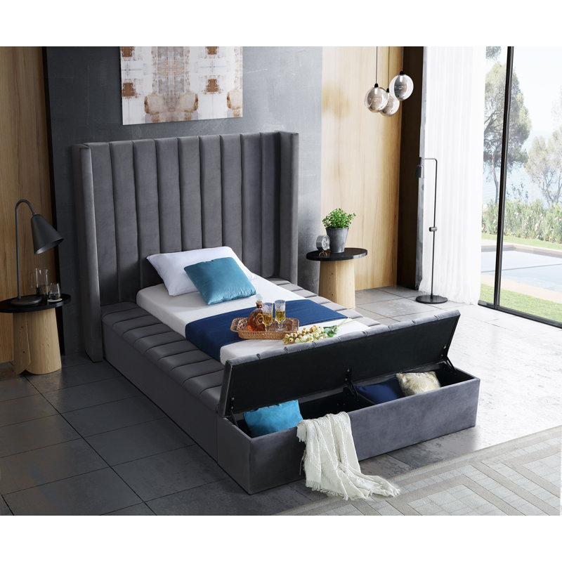 Rick Upholstered Wingback Bed, Twin, Grey Velvet