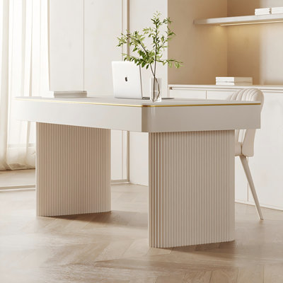 White rectangular Sintered Stone Desk,2-drawer