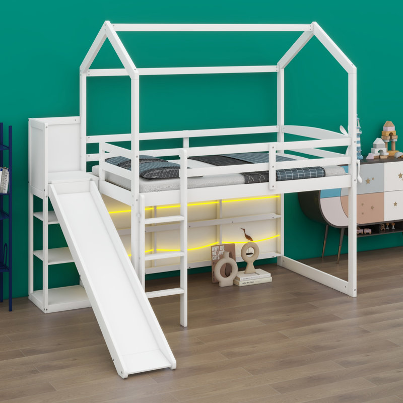Wood House Loft Bed With Slide, Storage Shelves And Light, Climbing Ramp, White