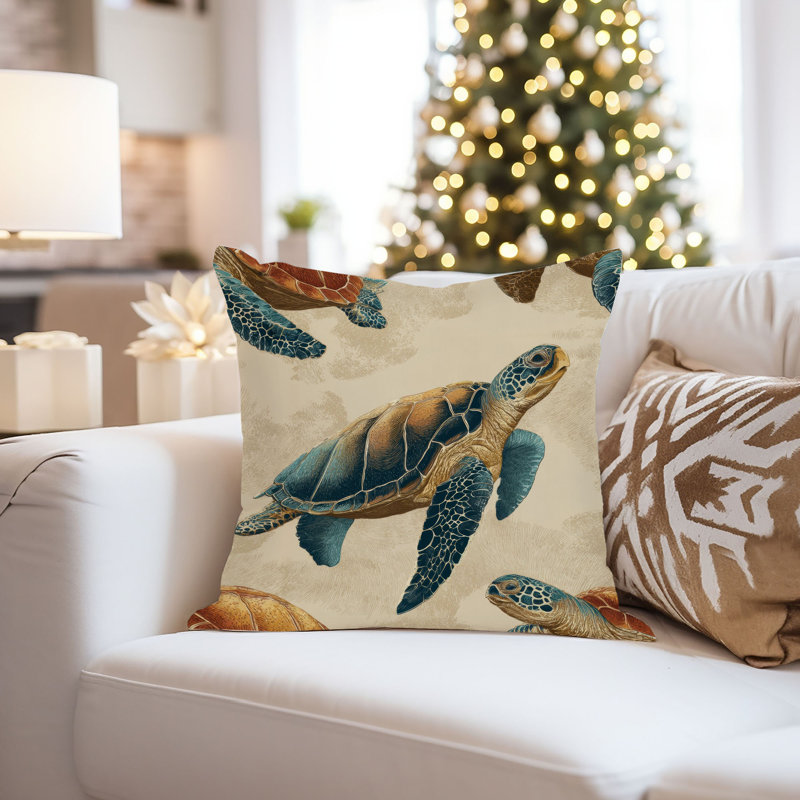 Housse de coussin nautique Beach and Coastal Sea Turtles, Carré 20 po, Beige / bleu nautique / plage 12