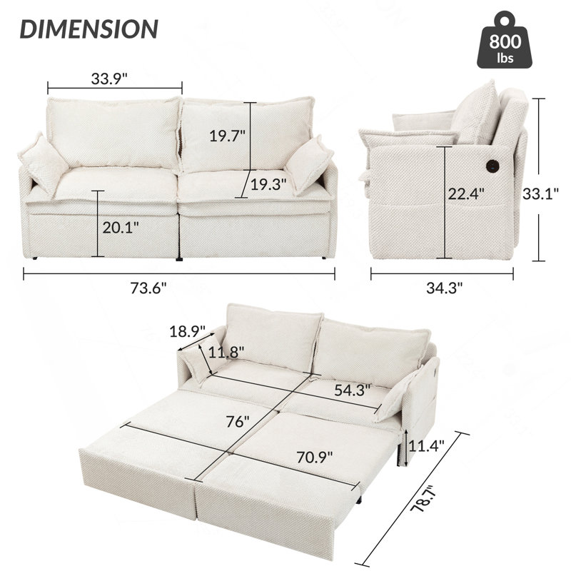 Canapé-lit ergonomique 3-en-1 de 73,6 po - Canapé-lit de soutien en velours côtelé, canapé et lit en forme de L, capacité de 800 lb, rangement latéral et charge USB / Type-C pour le salon et les appartements
