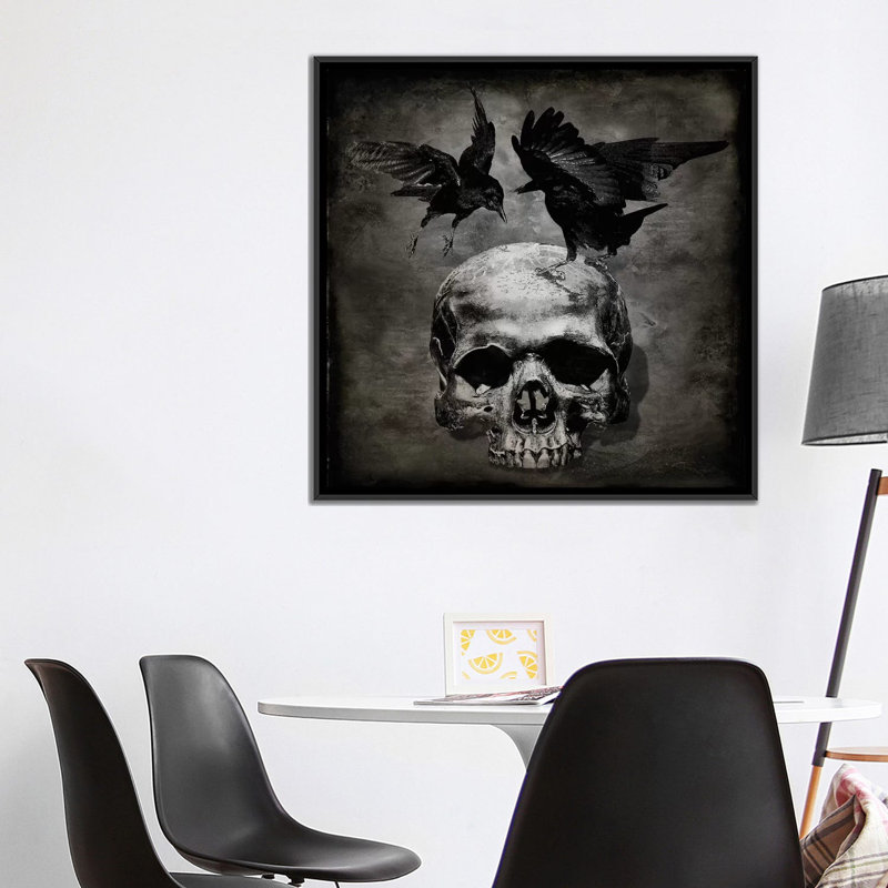 «Skull with Crows», impression sur toile, H 37 po x l 37 po x P 1,5 po, Toile avec cadre noir, Pas de tapis