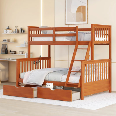 Twin-Over-Full Bunk Bed with Ladders & 2 Storage Drawers, Walnut Wood Loft Bed Frame for Kids & Teens