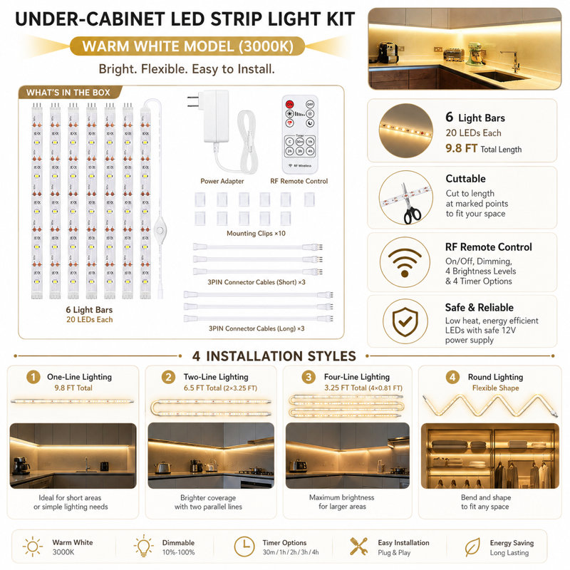 6-Pieces 20" LED Strip Lights with Remote Control Cuttable for Cabinet Mirror, 2700