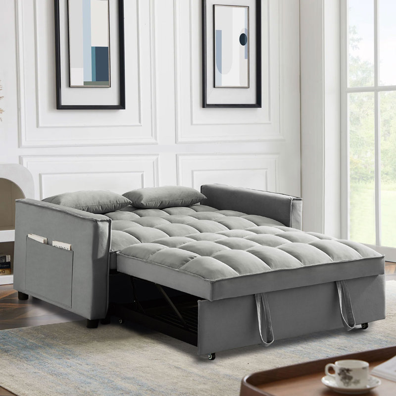 Eiri 55'' Wide Convertible Velvet Sleeper Square Arm Sofa Bed with Reclining Backrest and 2 Throw Pillows, Light Gray