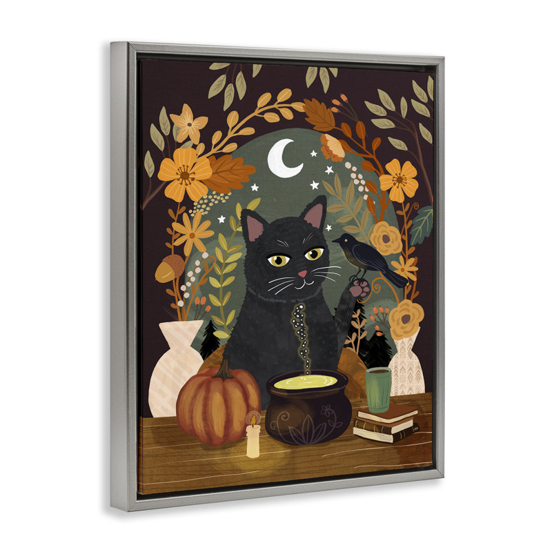 Cadre flottant Autumnal Cat & Cauldron, design par Mia Charro, H 31 po x l 25 po, Cadre flottant gris lustré