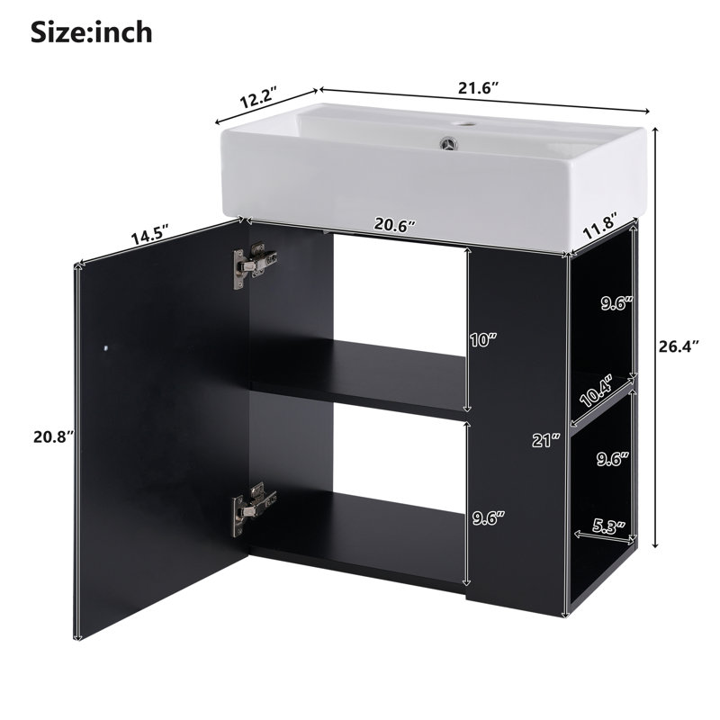 Ensemble de meuble-lavabo cannelé latéral droit 21,6 ", meuble-lavabo simple mural pour petites salles de bain, Noir, Doré