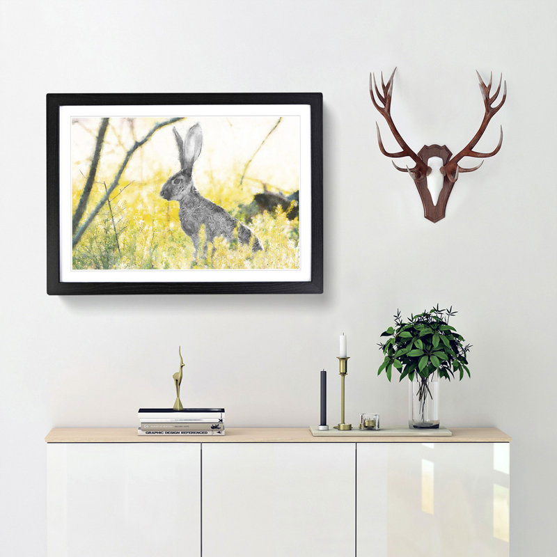 Alert Hare In The Meadow - Single Picture Frame Painting on MDF, 62cm H x 87cm W x 2cm D, Black Framed