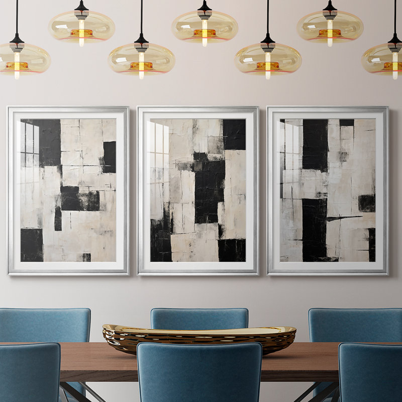 ABSTRACT Series CCGLV III - Impression sur mesure de qualité supérieure avec mat - 3 pièces, Argent argent, H 30 po x l 63 po