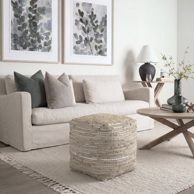 Pouf 0H en cuir et jute, Beige