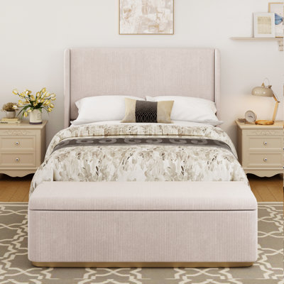 Size Corduroy Upholstered Bed Frame With 130L Storage Ottoman, And Vertical Stripe Wingback Headboard And High Footboard,