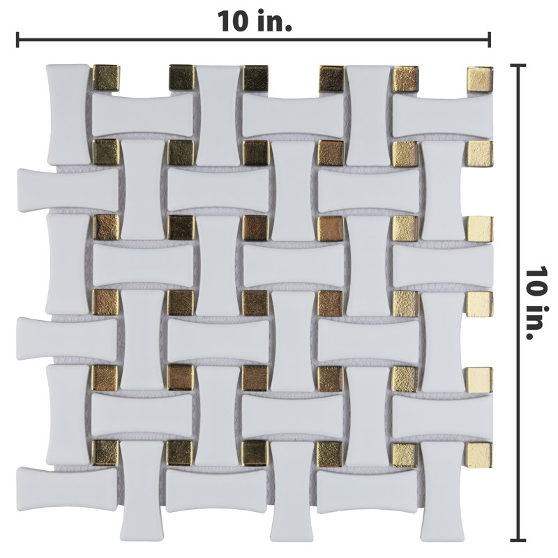 Metro Dog Bone Basketweave 0.92 In. X 2.26 In. Porcelain Basketweave Mosaic Wall Tile, Matte White w/Glass Gold Dot