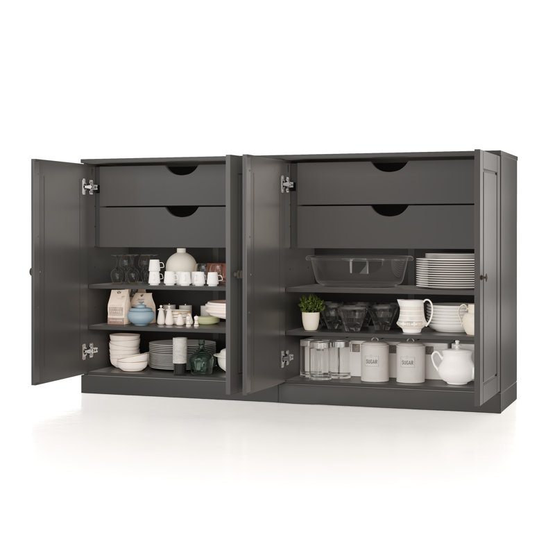 Buffet 100% bois massif 64 po avec portes solides, 4 tiroirs et tablettes réglables, Gris
