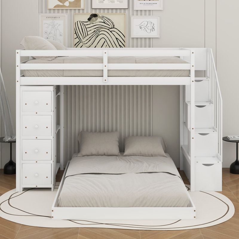 Lit simple superposé au dessus d'un lit double avec tablettes, tiroirs et escaliers, Blanc