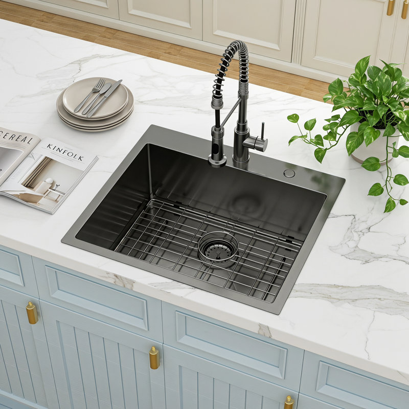 25" L x 22" W Drop-in Kitchen Sink Gunmetal Black Sink 16 Gauge Stainless Steel Single Bowl Sink