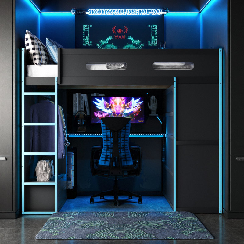 Lit mezzanine double pleine grandeur avec bureau intégré, éclairage RVB, charge USB et grand espace de rangement pour les enfants et les adolescents