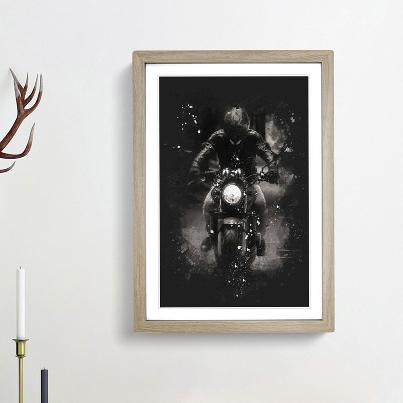 Motorbike Rider in Sepia - Picture Frame Graphic Art Print, 87cm H x 62cm W x 2cm D, Oak Framed