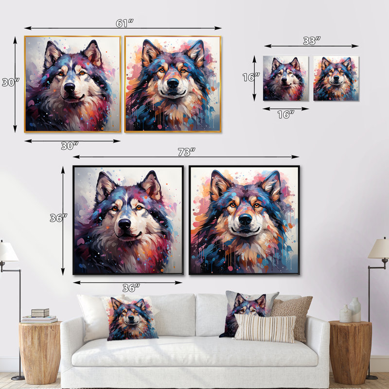 Chien Alaskan Malamute Majesty - ensemble de 2 animaux carrés, H 16 po x l 33 po, Toile tendue