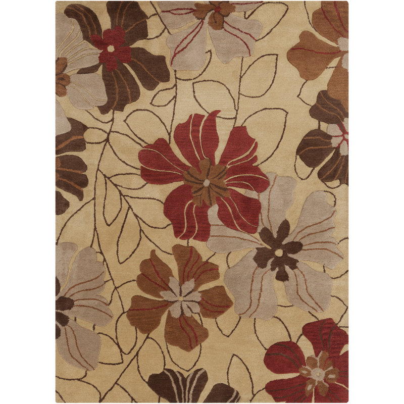 Tapis orange en laine touffeté à la main à motif floral orange, rouge, brun et gris Jonas Authentic, 7 pi x 10 po