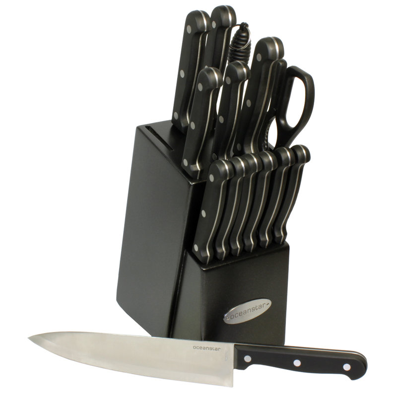 Oceanstar Design 15 Piece High Carbon Stainless Steel Knife Block Set, Elegant Black