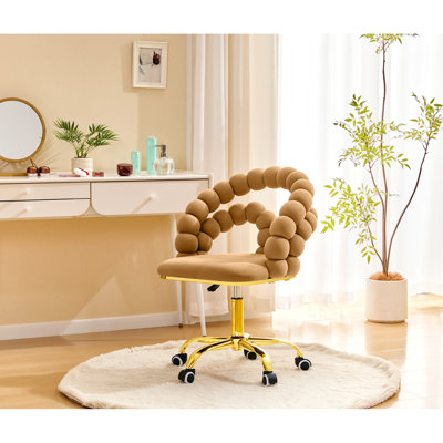 Fauteuil de bureau en velours pivotant avec dossier à bulles, fauteuil de coiffeuse mignon à hauteur réglable avec base dorée et roulettes pour la chambre à coucher et la salle de maquillage.