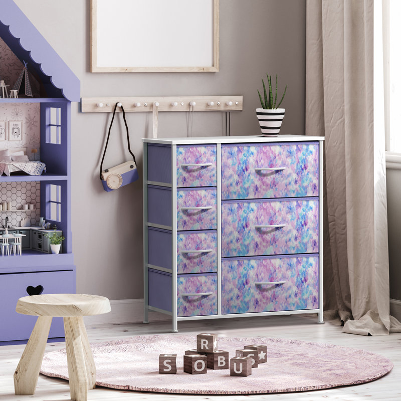 Commode 7 tiroirs Sorbus, Teinture par nouage bleue / rose / mauve