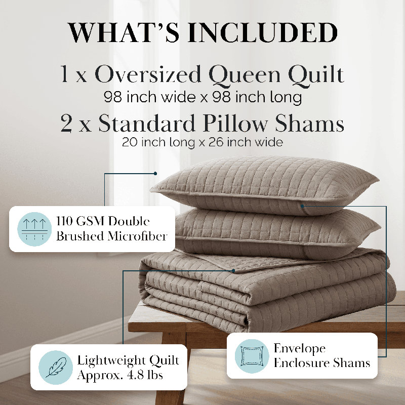 Vilano Springs ® Oversized, Light-Weight Hotel Quality Quilt Set with Matching Shams, Full/Queen Quilt + 2 Standard Shams