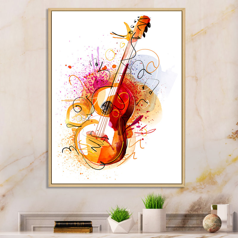 Musique, guitare, dessin abstrait - peinture, H 12 po x l 8 po x P 1 po, Cadre naturel flottant