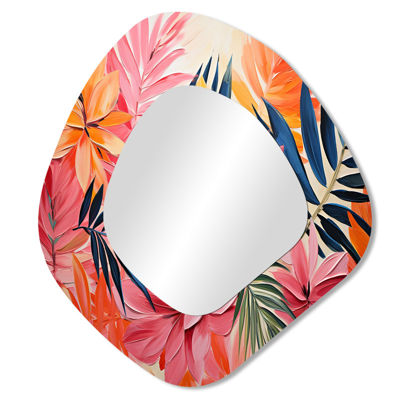 Burleigh rose floral tropical jungle par matisse I - miroir décoratif asymétrique floral, miroir mural de forme unique traditionnelle, impression sur métal