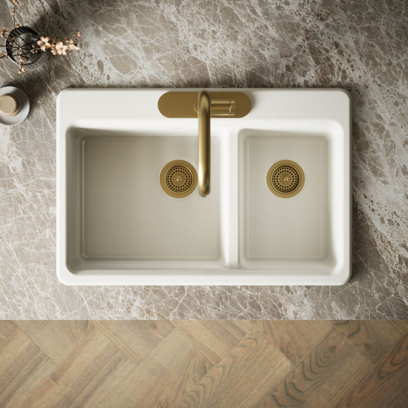 Riverby 33 In. Top-Mount Double-Bowl Kitchen Sink, 3 hole, Biscuit, Large/medium bowls