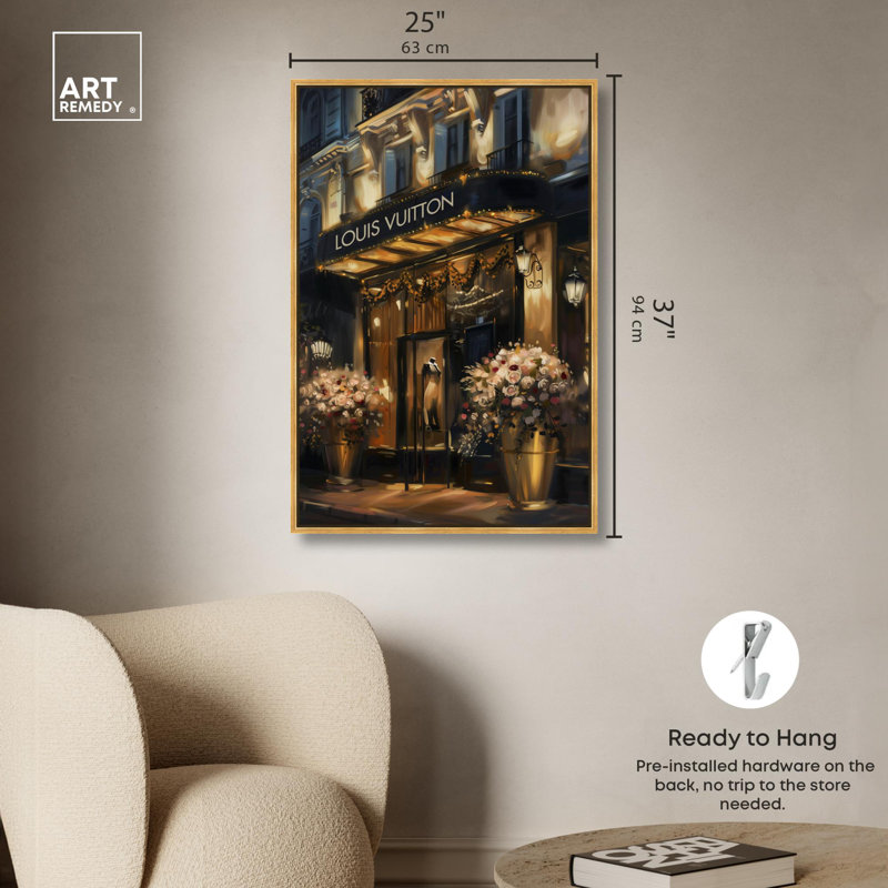 «Elegant Night Storefront» par Art Remedy, Reproduction encadrée sans passe-partout, H 37 po x l 25 po, Doré