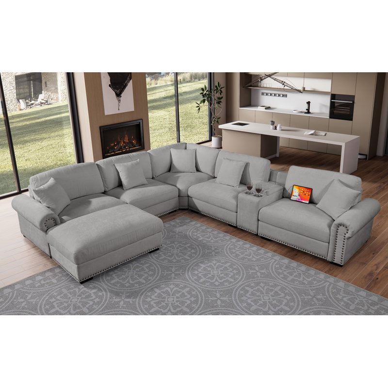Errett Upholstered Corner Sectional with Storage & Cup Holder Console, 5 Throw Pillows, Light Gray Polyester