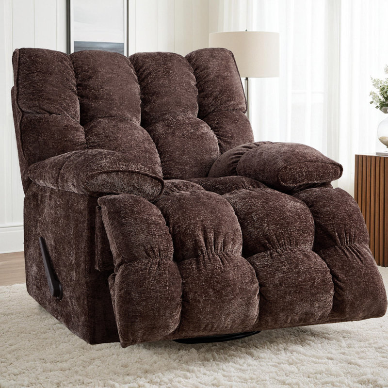 Oversized Manual Recliner Chair with Swivel Frame, Chenille Fabric, and Wooden Backrest - 38.87 Inch Wide, Brown