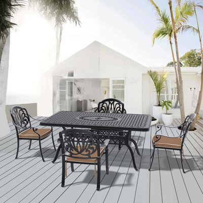 5-Piece Cast Aluminum Patio Furniture Set With Black Frame And Brown Seat Cushions