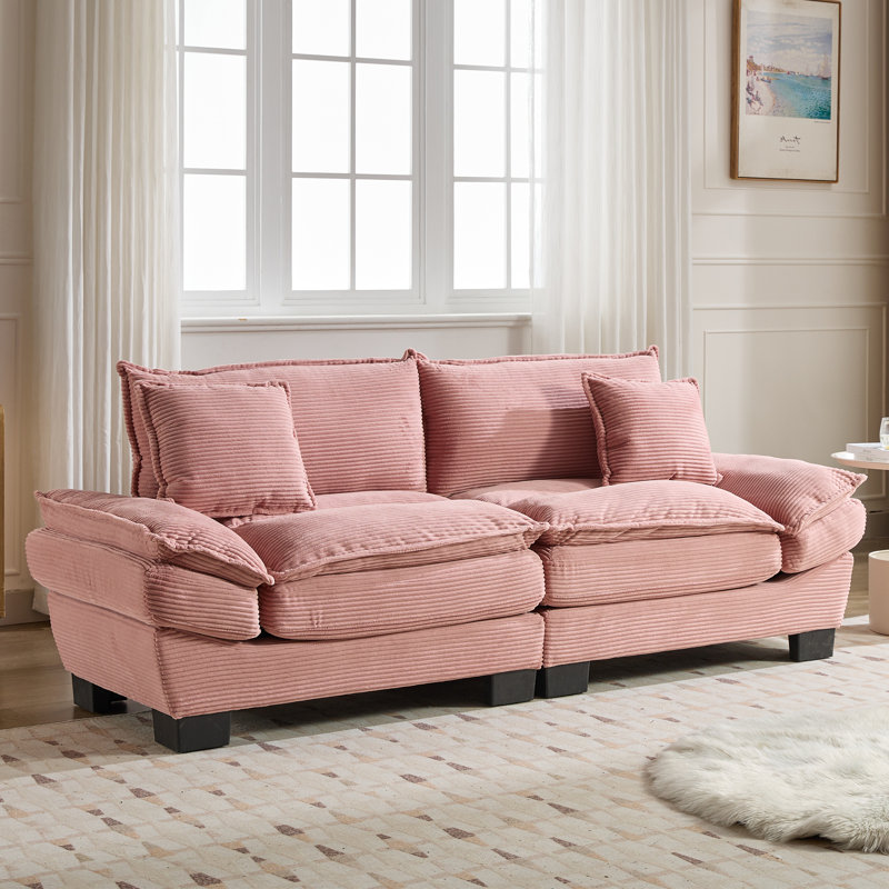 Renville 84" Upholstered Pillow-Top Arm Loveseat Sofa with 2 Throw Pillows, Pink