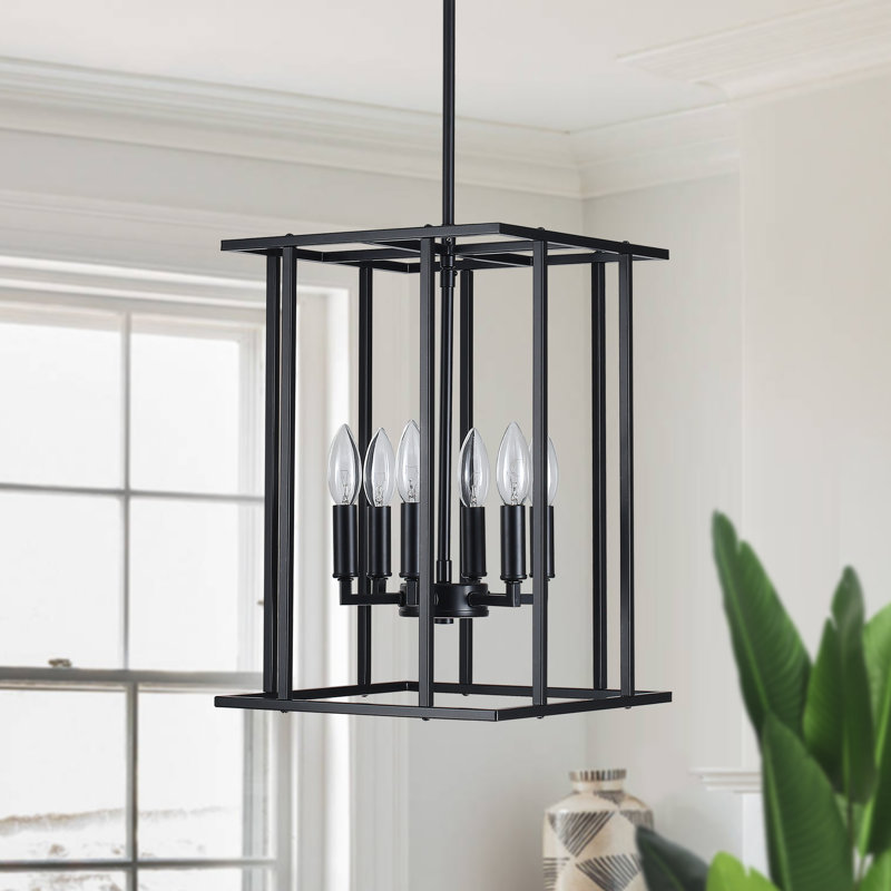 6 - Light Dimmable Lantern Rectangle Chandelier, Matte Black