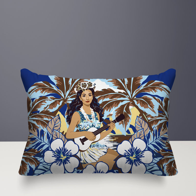 Oreiller rectangulaire réversible intérieur / extérieur Moana Palm, Bleu, Rectangle H 14 po x l 20 po