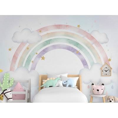 Pastel Rainbow Wallpaper Watercolor Rainbow Mural Nursery Stars Rainbow Wall Art for Nursery Bedroom or Living Room 1144DRS