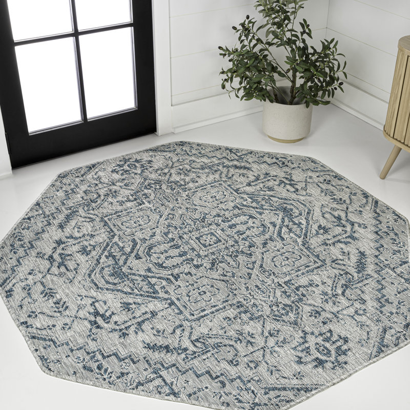 Truman Bohemian Medallion Textured Weave Teal/Gray Indoor/Outdoor Rug, Octagon 5'3"