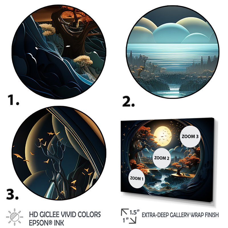 «Dreamy Moonlit Jungle II», art mural abstrait, Cadre doré à coins fermés, H 34 po x l 44 po x P 1,5 po