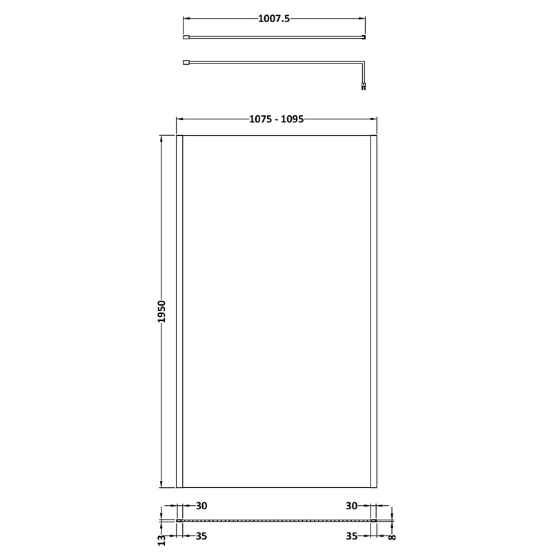 1100Mm Outer Framed Wetroom Screen With Support Bar, 195cm H x 110cm W x 1.4cm L