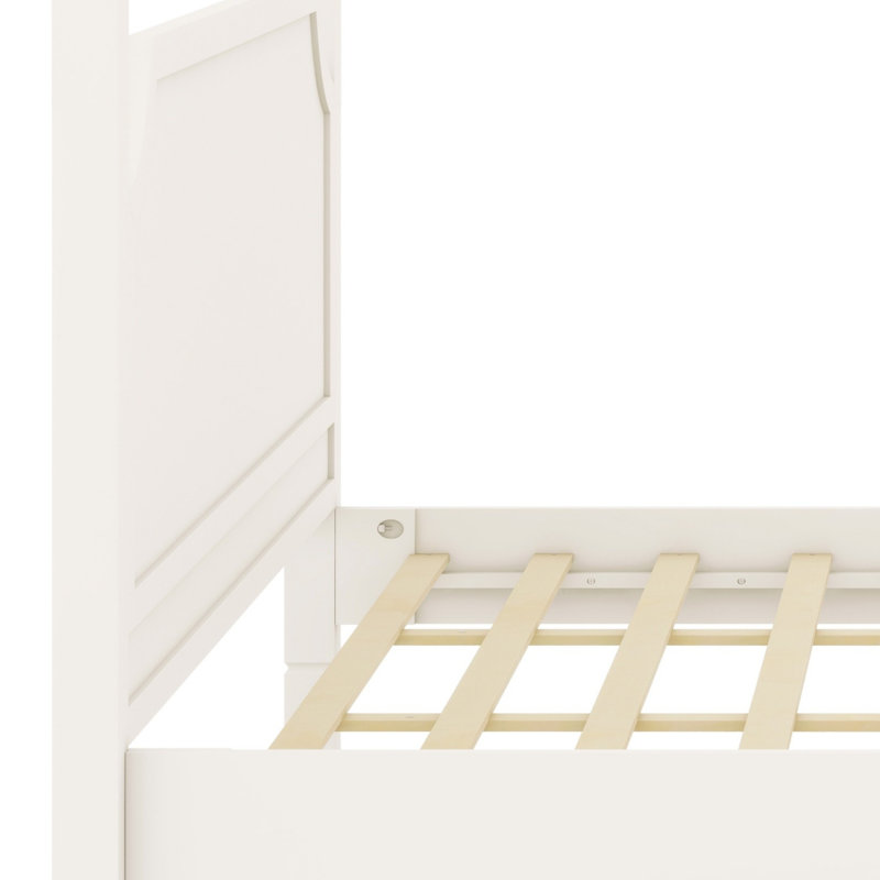 Lit plateforme traditionnel à baldaquin en bois avec tête décorative et pieds robustes, King, Blanc crémeux