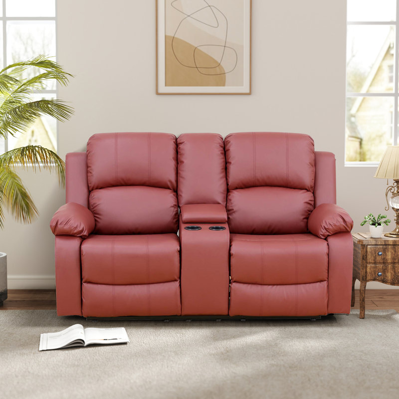 Double Manual Recliner Chair, Overstuffed Loveseat w/ Cupholders, Leather, Red, Red
