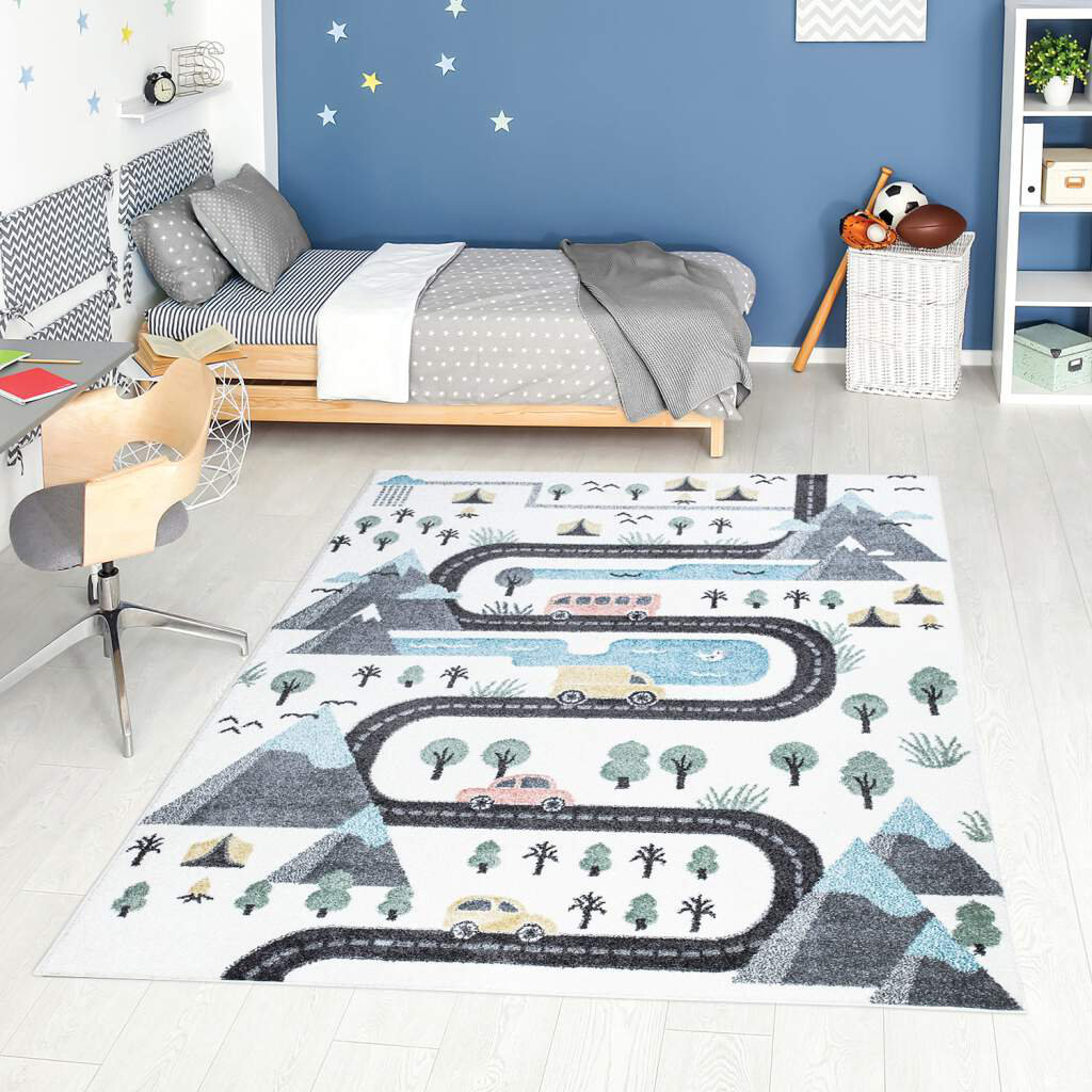 Kinderteppich Anime 904 Creme Straßen Motiv Auto Stadt Kinderzimmer Kurzflor Kishan