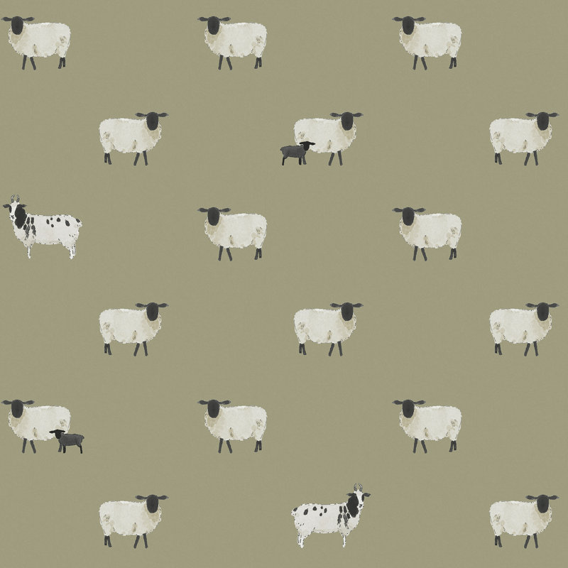 Sophie Allport Sheep Off White Wallpaper, Green