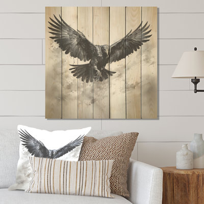 Grey And Black Raven In Flight I - Raven Animal On Wood Print