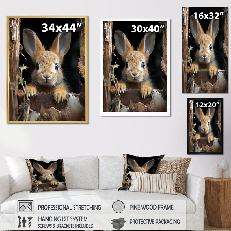 Drôle de lapin, reproduction d'art sur toile, H 32 po x l 16 po x P 1 po, Cadre photo noir
